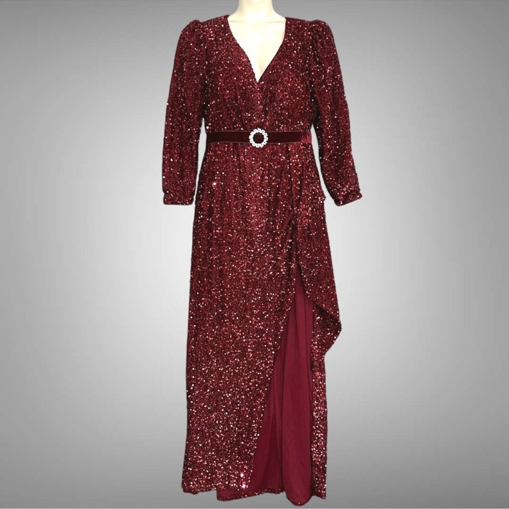 Miss‎ ORD Women Dress Plus 4XL Cranberry Red Sequin Rhinestones Evening Occasion